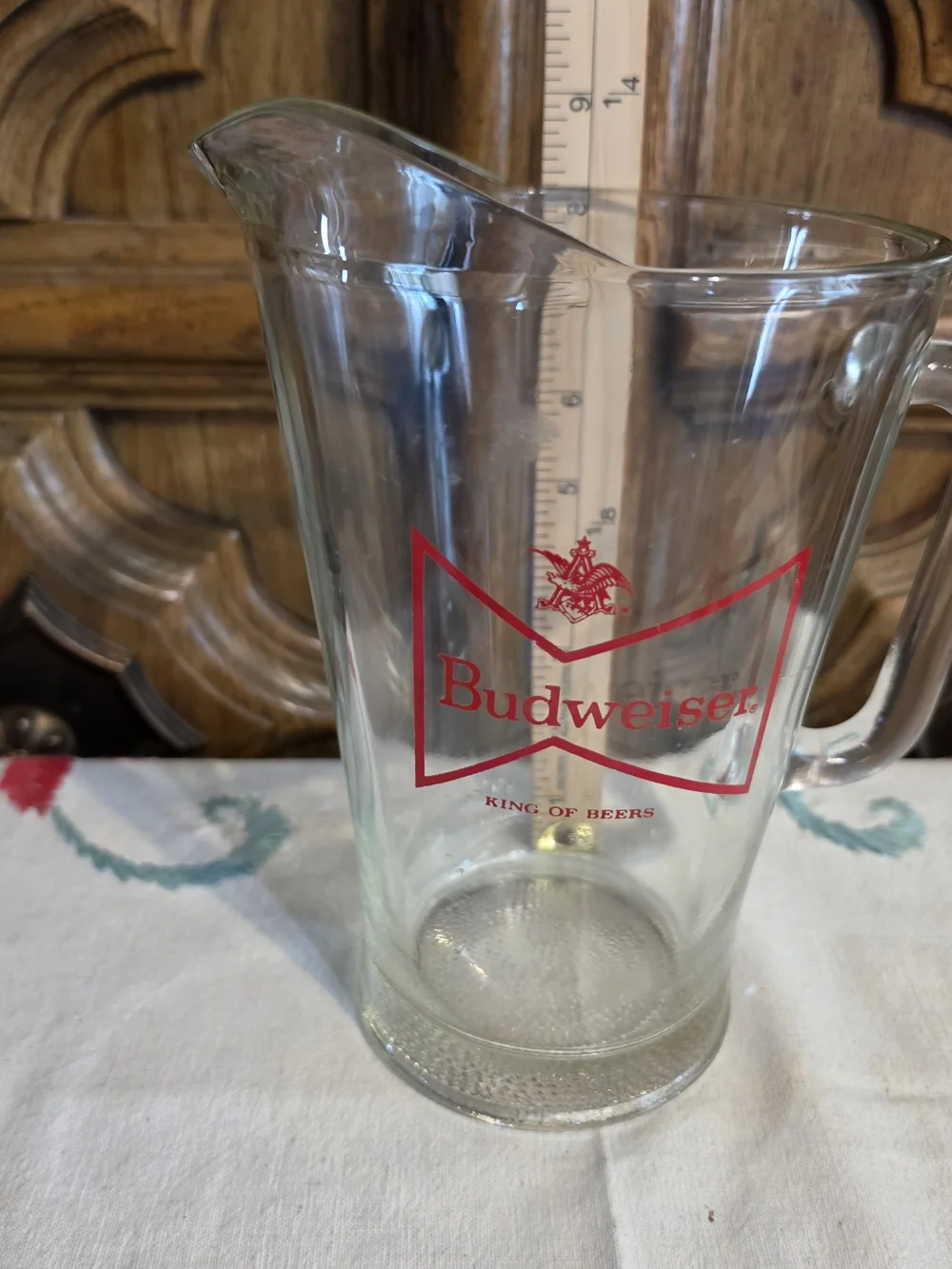 vintage Budweiser glass beer pitcher With iconic red bowtie logo